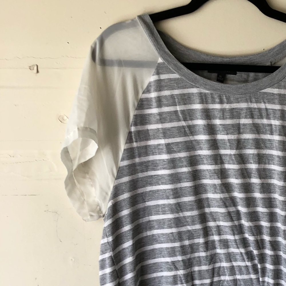 Gray and white striped blouse see through shoulder